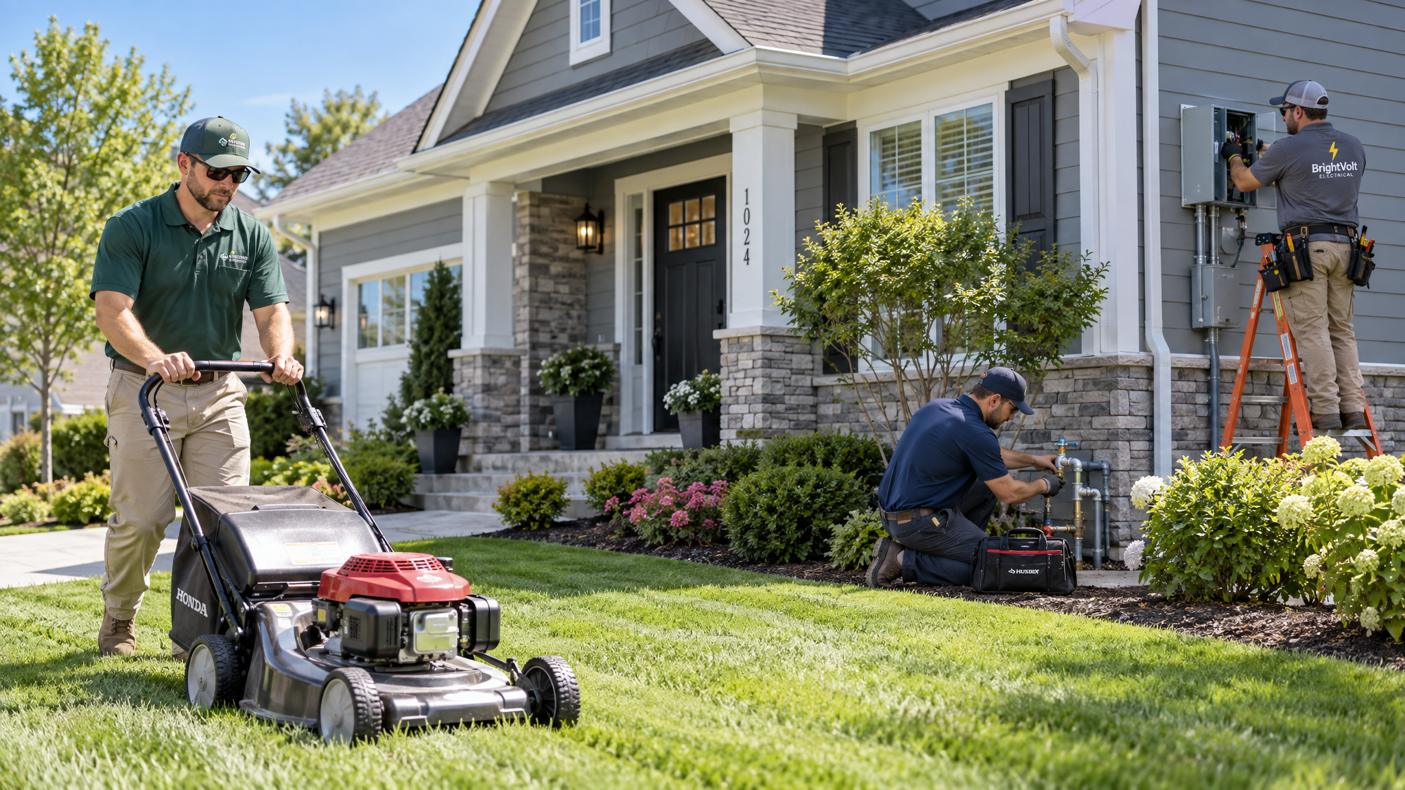 Residential service contractors working at a home — lawn care, plumbing, and electrical
